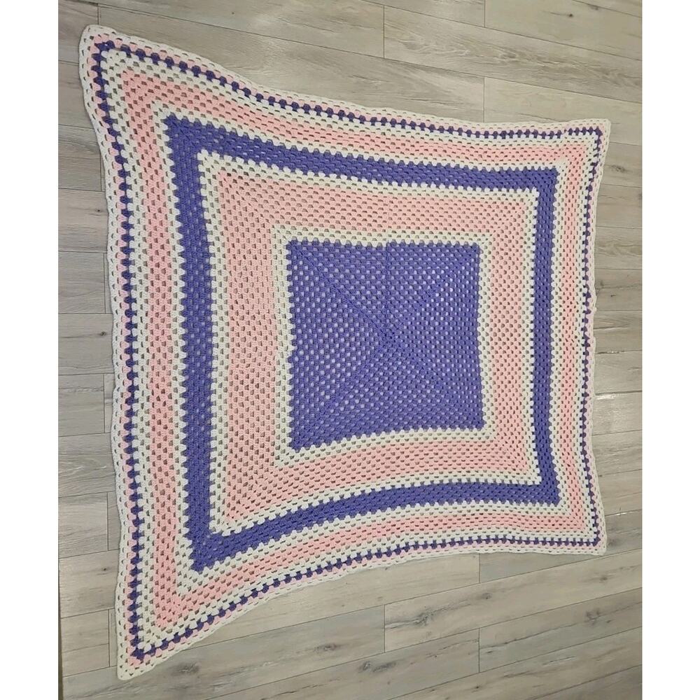 Handmade Crochet Blanket Color Block 72x64"‎ Pink,White,Purple